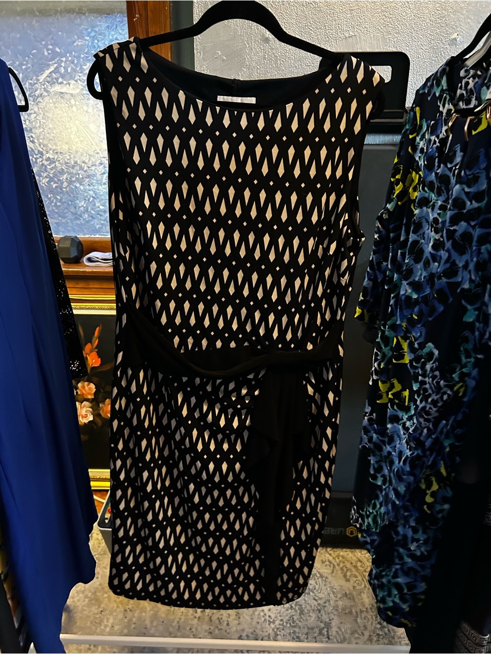 Joseph Ribkoff Sleeveless Black and White Patterned Sheath Dress with Waist Tie